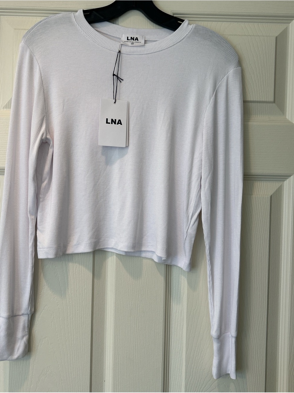 LNA White Long Sleeve Ribbed Crop Crew Top